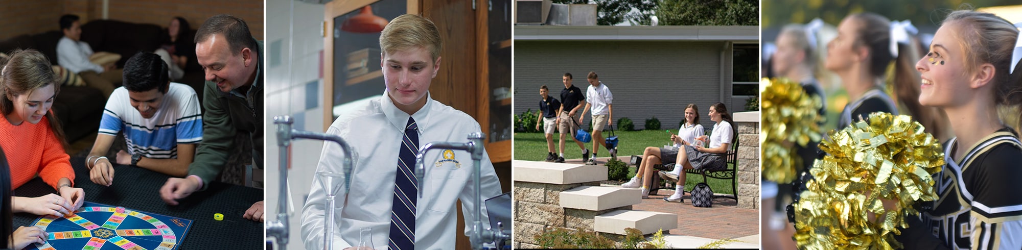 students and teacher playing games, student in chemistry lab, students eating outside, Maur Hill cheerleaders