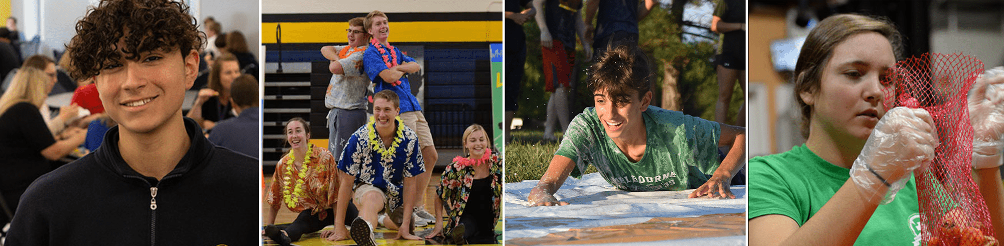 student smiling, group of students posing together in hawaiian clothes, a boy doing a slip and slide, a girl with gloves preparing food