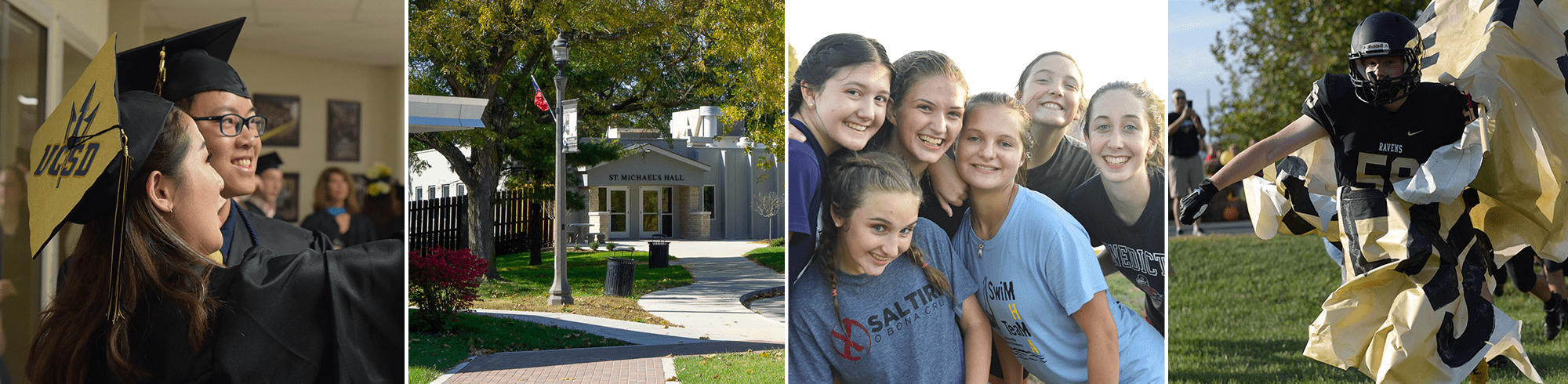 two graduates, the front of the campus building, a groups of students smiling, and football player 