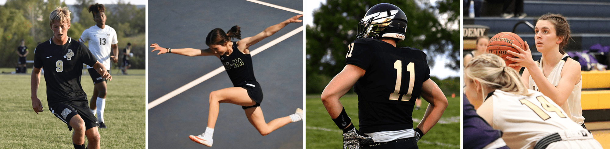 two soccer players, track girl doing triple jump, a football player, girl shooting free throw in basketball game