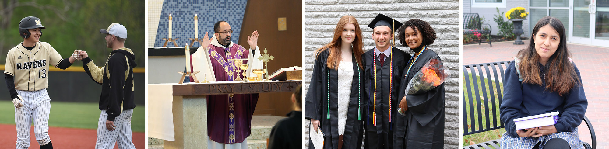 baseball players, Fr. Jay at the altar, three happy graduates, female student sitting outside