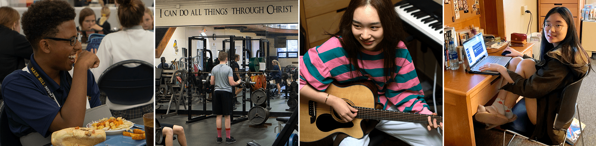 student laughing while eating, a student lifting weights, a student playing guitar, a student studying at their desk with a laptop